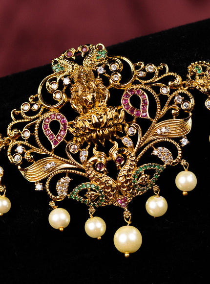 Antique hip chain lakshmi & peacock design with kemp & cz stones and pearl hangings