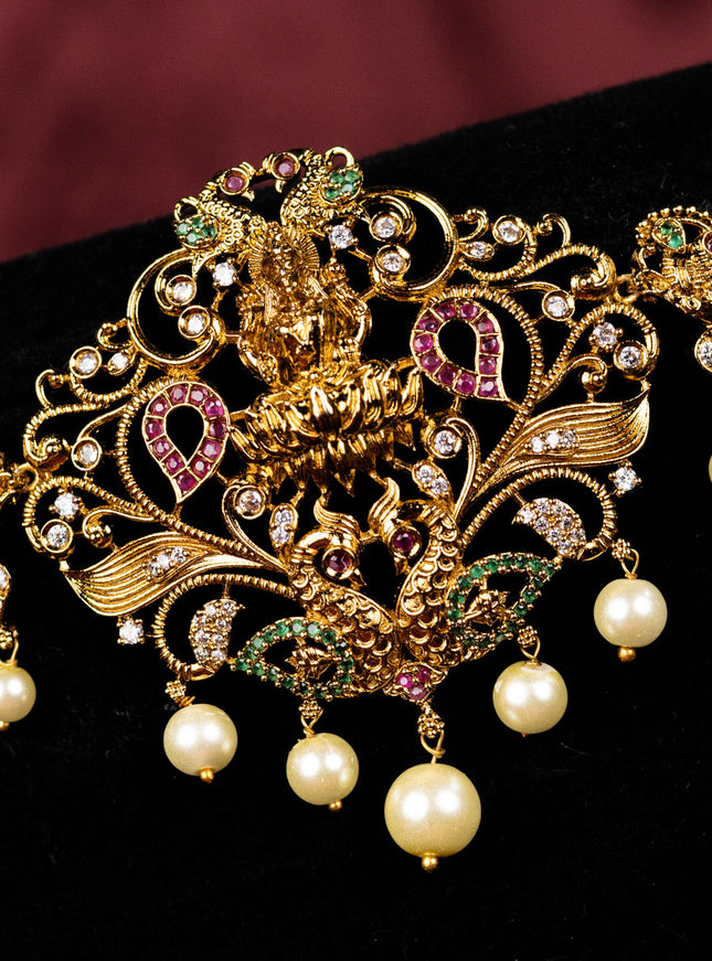 Antique hip chain lakshmi & peacock design with kemp & cz stones and pearl hangings