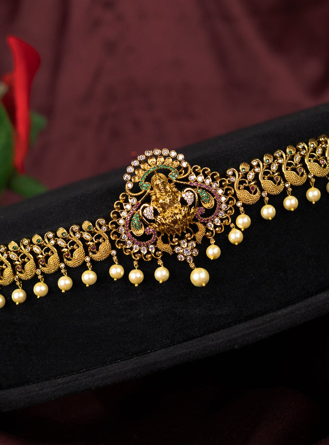 Antique hip chain lakshmi & peacock design with kemp & cz stones and pearl hangings