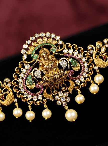 Antique hip chain lakshmi & peacock design with kemp & cz stones and pearl hangings