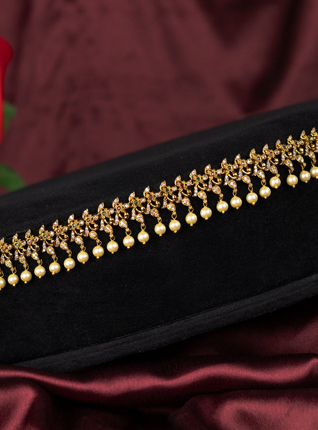 Antique hip chain with kemp & cz stones and pearl hangings