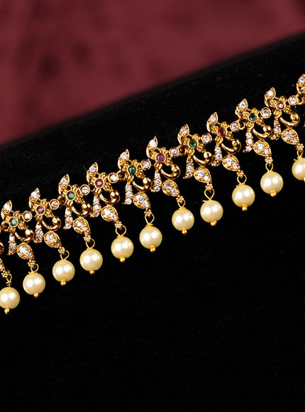 Antique hip chain with kemp & cz stones and pearl hangings