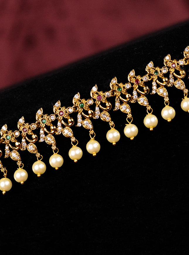 Antique hip chain with kemp & cz stones and pearl hangings