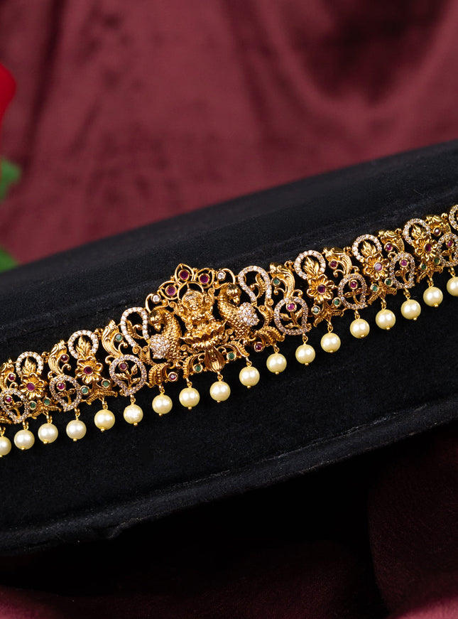 Antique hip belt lakshmi design with kemp & cz stones and pearl hangings