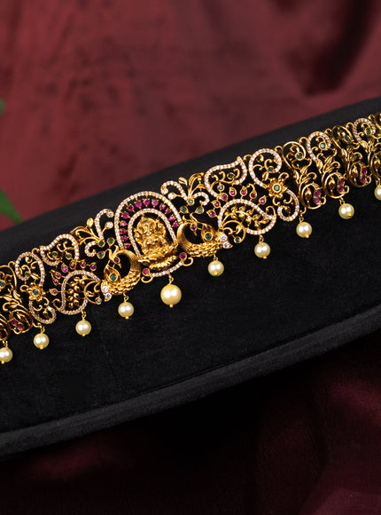 Antique hip belt lakshmi design with kemp & cz stones and pearl hangings