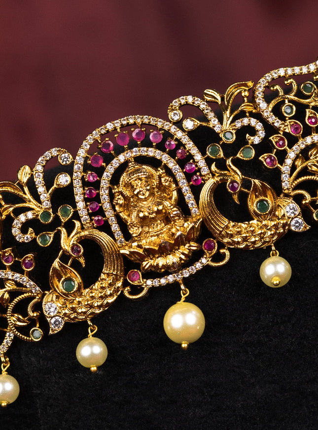 Antique hip belt lakshmi design with kemp & cz stones and pearl hangings