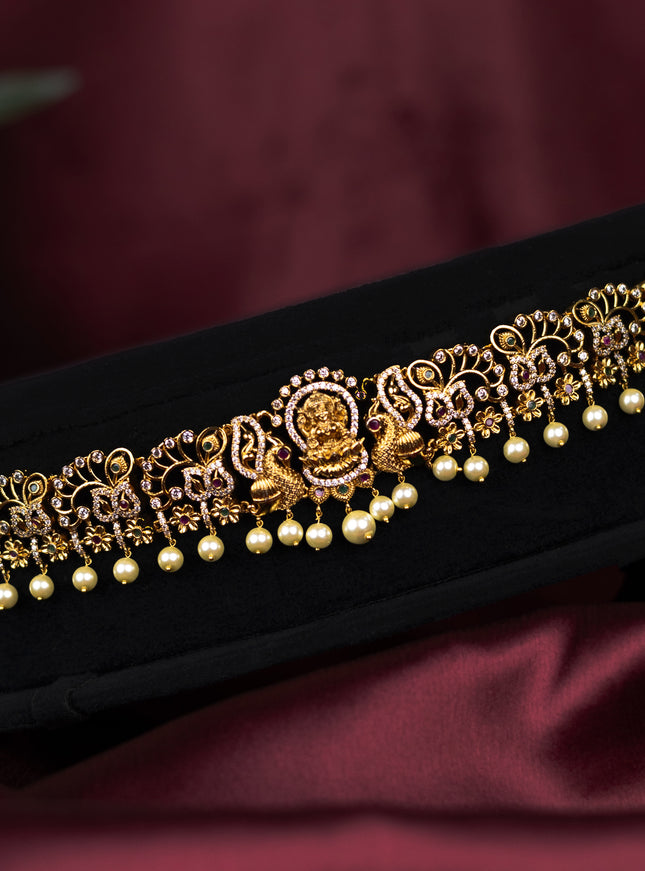 Antique hip belt lakshmi design with kemp & cz stones and pearl hangings