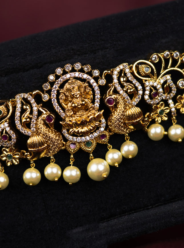 Antique hip belt lakshmi design with kemp & cz stones and pearl hangings