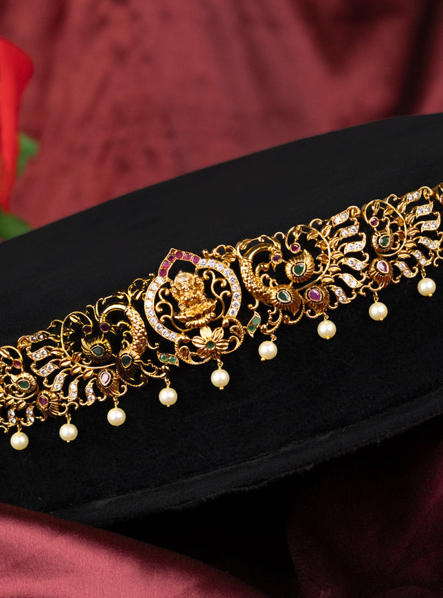 Antique hip belt lakshmi design with kemp & cz stones and pearl hangings