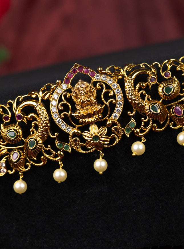 Antique hip belt lakshmi design with kemp & cz stones and pearl hangings