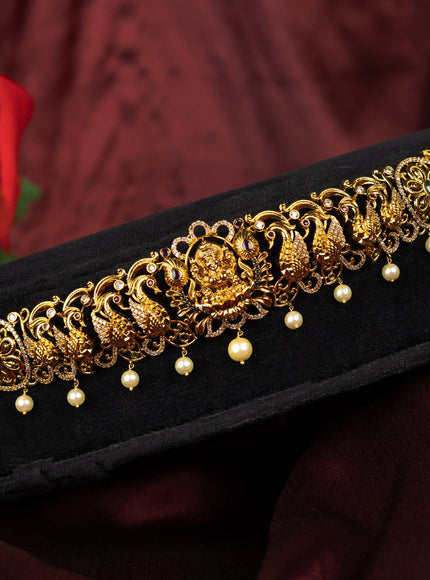 Antique hip belt lakshmi design with kemp & cz stones and pearl hangings