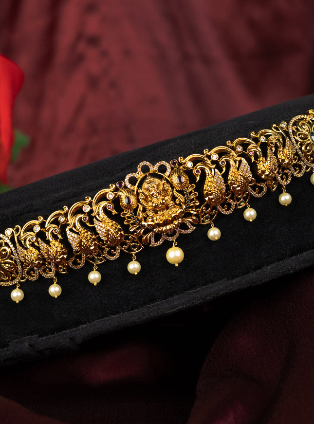 Antique hip belt lakshmi design with kemp & cz stones and pearl hangings