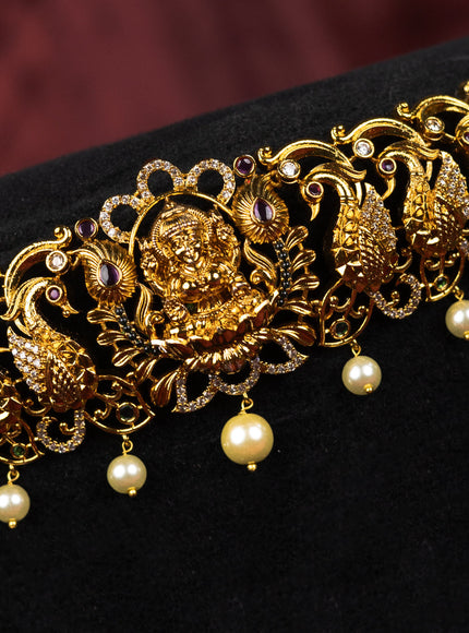 Antique hip belt lakshmi design with kemp & cz stones and pearl hangings