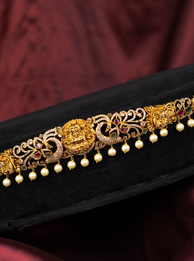 Antique hip belt lakshmi design with kemp & cz stones and pearl hangings
