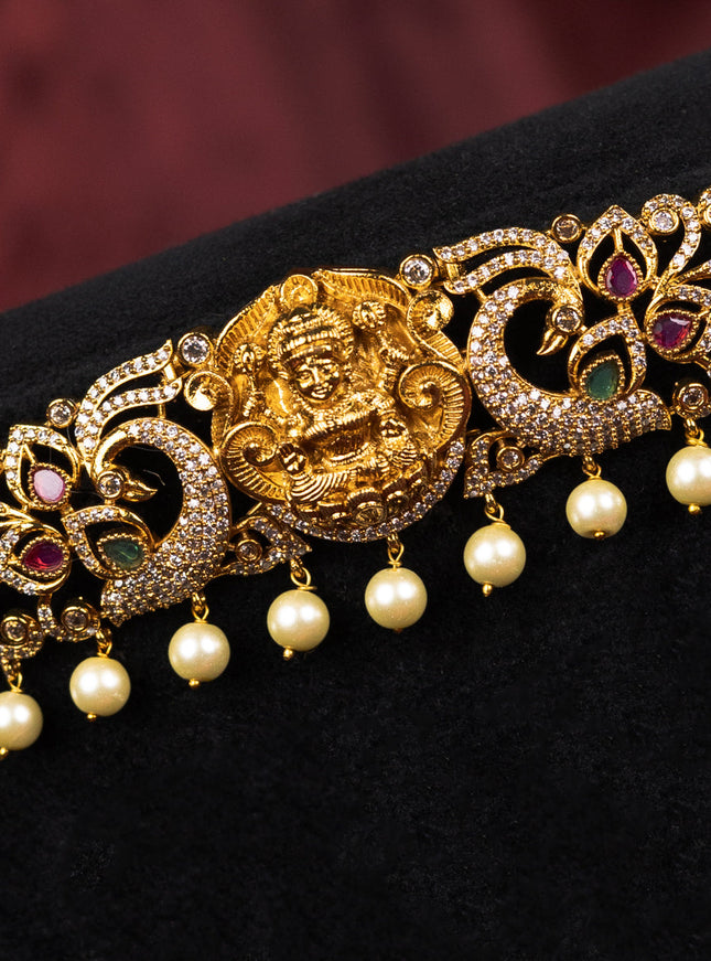 Antique hip belt lakshmi design with kemp & cz stones and pearl hangings