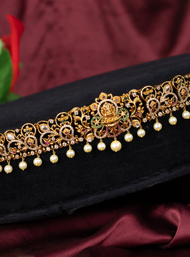 Antique hip belt lakshmi design with kemp & cz stones and pearl hangings