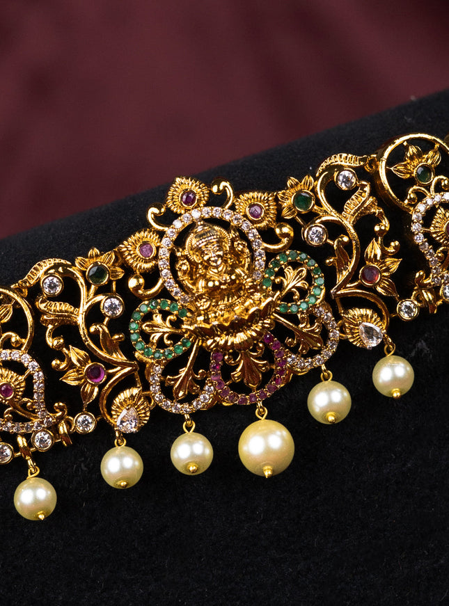 Antique hip belt lakshmi design with kemp & cz stones and pearl hangings