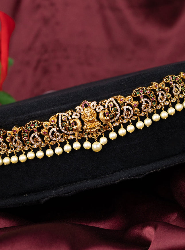 Antique hip belt lakshmi design with kemp & cz stones and pearl hangings