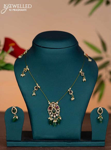 Invisible chain elephant design with multicolour & cz stones and pearl & green beads hangings