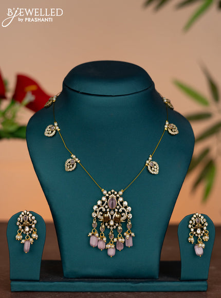 Invisible chain elephant design with baby pink & kundan cz stones and pearl & beads hangings