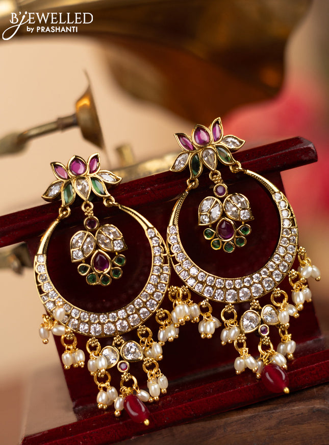 Antique earrings lotus design with kemp & cz stones and pearl & pink beads hangings