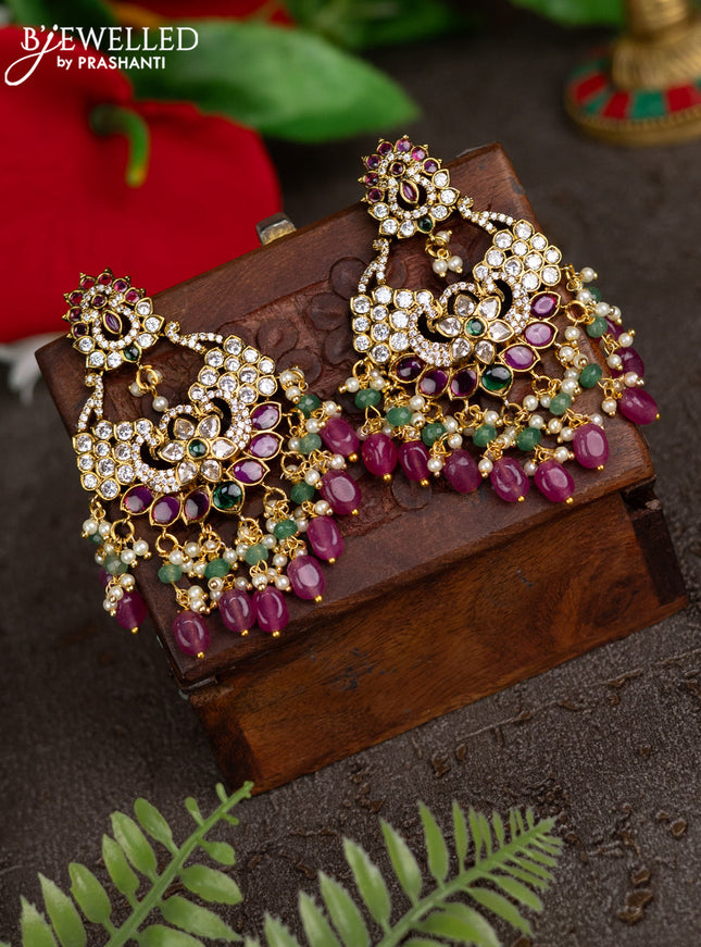 Antique earrings peacock design with kemp & cz stones and pearl & pink beads hangings