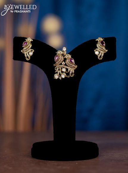 Pendant sets parrot design with ruby & kundan and cz stones in victorian finish