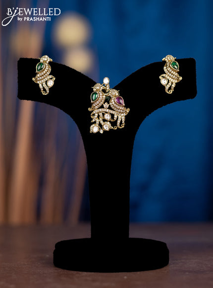 Pendant sets parrot design with kemp & kundan and cz stones in victorian finish