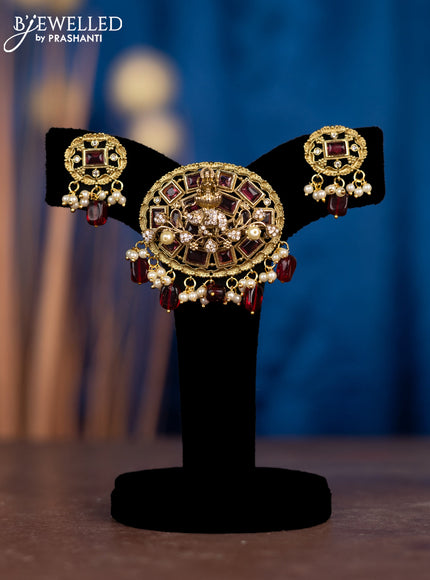 Pendant sets lakshmi design with ruby & cz stones and pearl & beads hangings in victorian finish