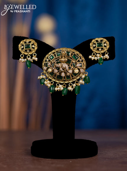 Pendant sets lakshmi design with emerald & cz stones and pearl & beads hangings in victorian finish