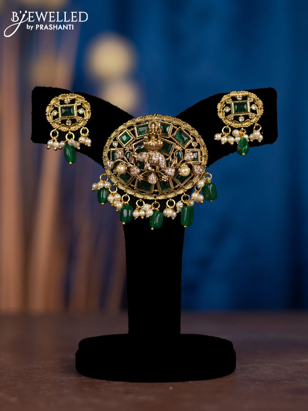 Pendant sets lakshmi design with emerald & cz stones and pearl & beads hangings in victorian finish