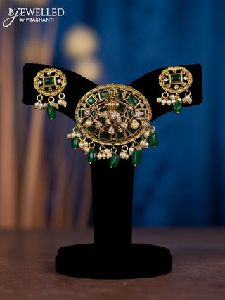 Pendant sets lakshmi design with emerald & cz stones and pearl & beads hangings in victorian finish