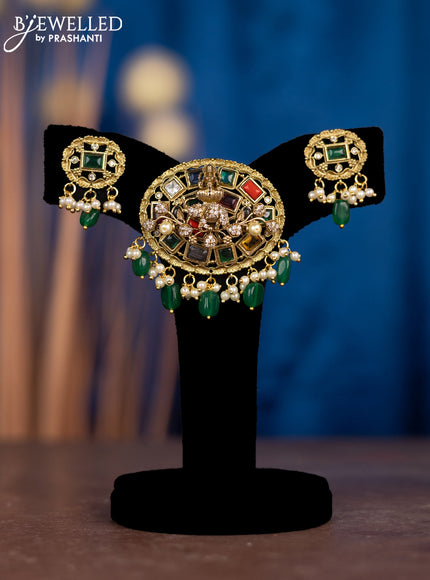 Pendant sets lakshmi design with multicolour & cz stones and pearl & beads hangings in victorian finish