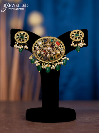 Pendant sets lakshmi design with multicolour & cz stones and pearl & beads hangings in victorian finish