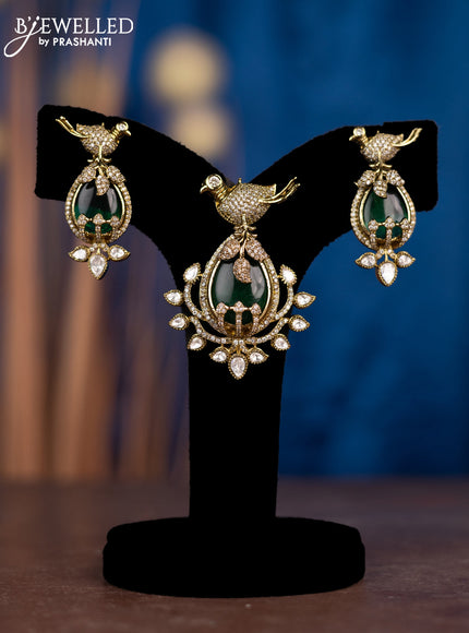 Pendant sets parrot design with emerald & kundan and cz stones in victorian finish