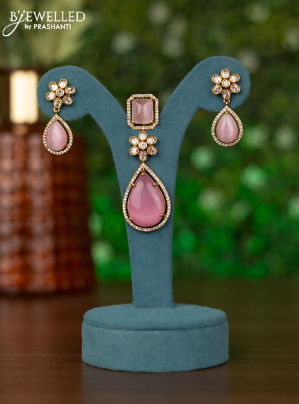 Pendant sets with baby pink and cz stones in victorian finish