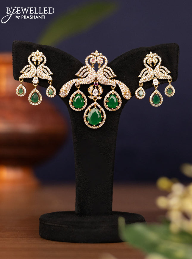 Pendant sets double peacock design with emerald & ruby and cz stones in victorian finish