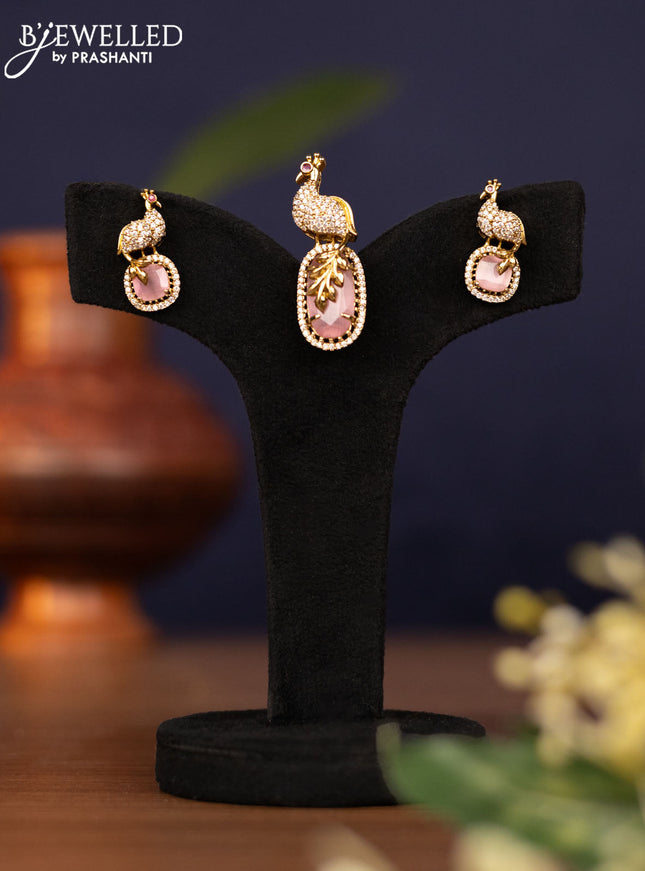 Pendant sets peacock design with baby pink and cz stones in victorian finish