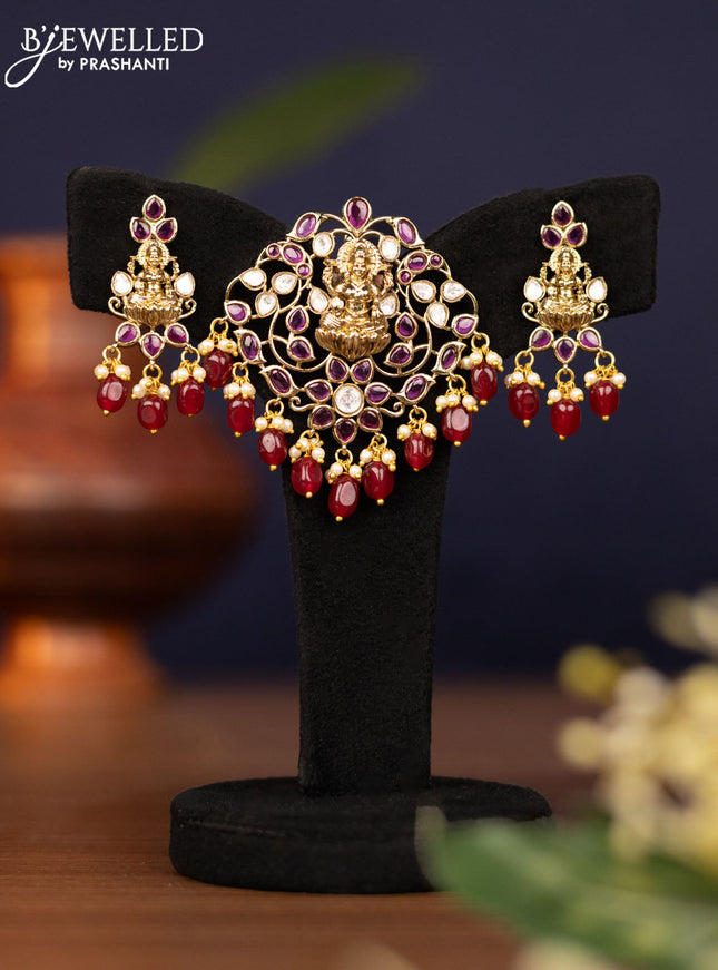 Pendant sets lakshmi design with ruby & kundan stones and pearl & beads hangings in victorian finish