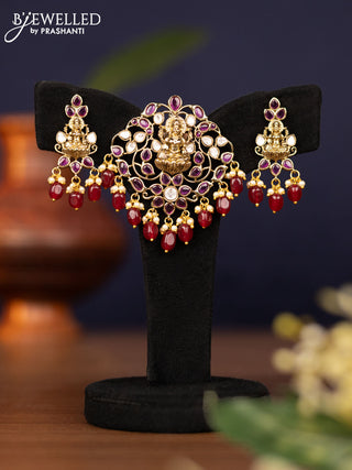 Pendant sets lakshmi design with ruby & kundan stones and pearl & beads hangings in victorian finish