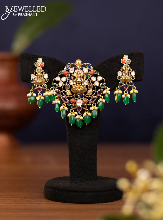 Pendant sets lakshmi design with multicolour & kundan stones and pearl & beads hangings in victorian finish