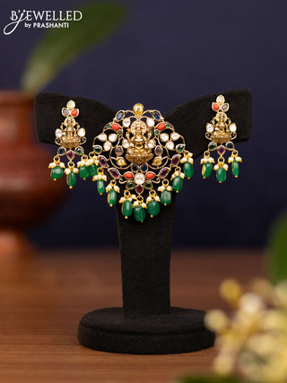 Pendant sets lakshmi design with multicolour & kundan stones and pearl & beads hangings in victorian finish
