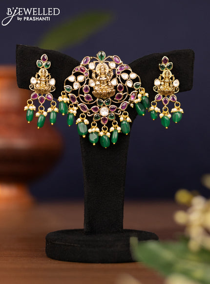 Pendant sets lakshmi design with kemp & kundan stones and pearl & beads hangings in victorian finish