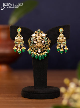 Pendant sets lakshmi design with emerald & kundan stones and pearl & beads hangings in victorian finish