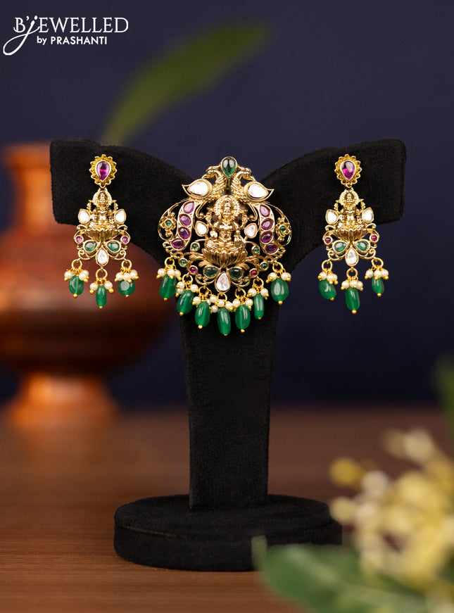 Pendant sets lakshmi design with kemp & kundan stones and pearl & beads hangings in victorian finish