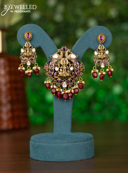 Pendant sets lakshmi design with ruby & kundan stones and pearl & beads hangings in victorian finish