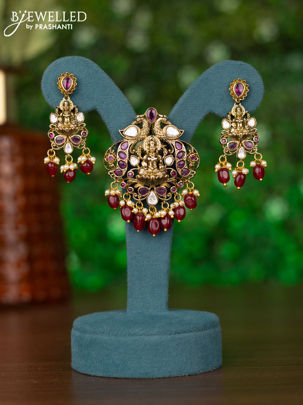Pendant sets lakshmi design with ruby & kundan stones and pearl & beads hangings in victorian finish