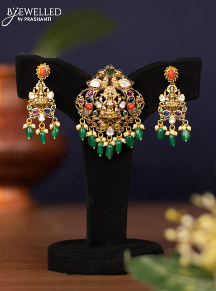 Pendant sets lakshmi design with multicolour & kundan stones and pearl & beads hangings in victorian finish