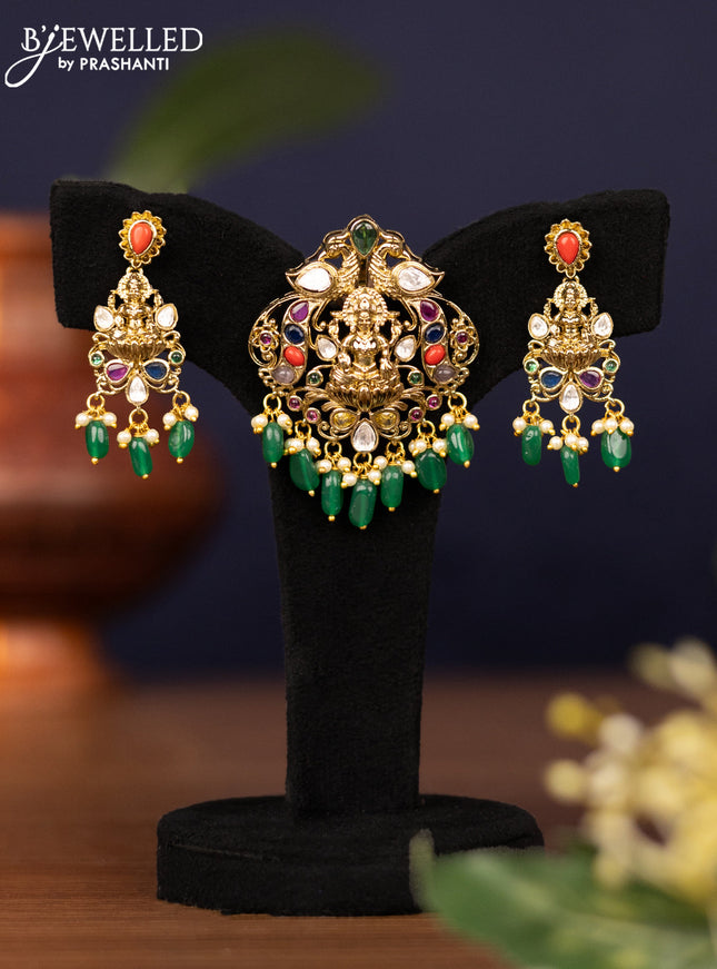 Pendant sets lakshmi design with multicolour & kundan stones and pearl & beads hangings in victorian finish
