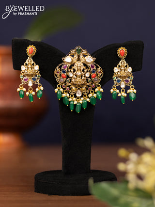 Pendant sets lakshmi design with multicolour & kundan stones and pearl & beads hangings in victorian finish